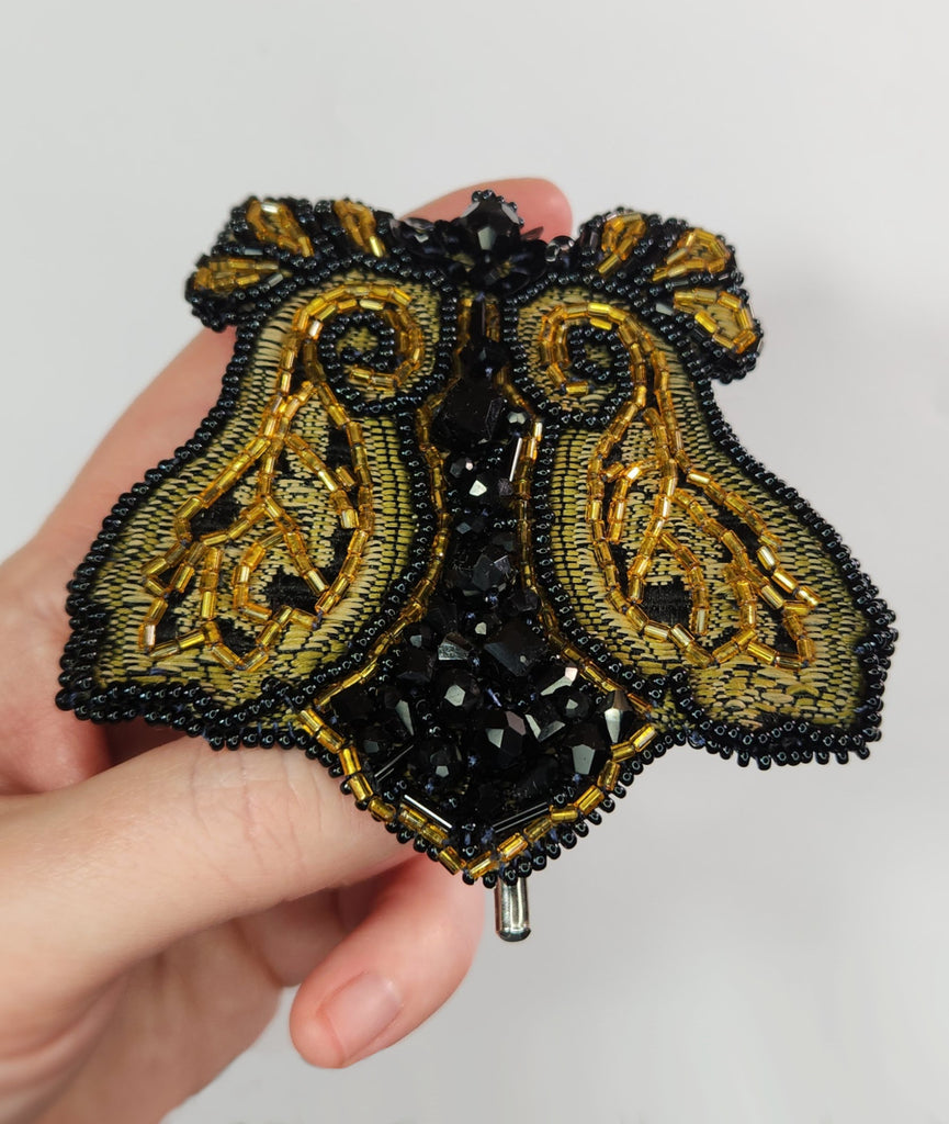 Black and Gold Beaded Brooch