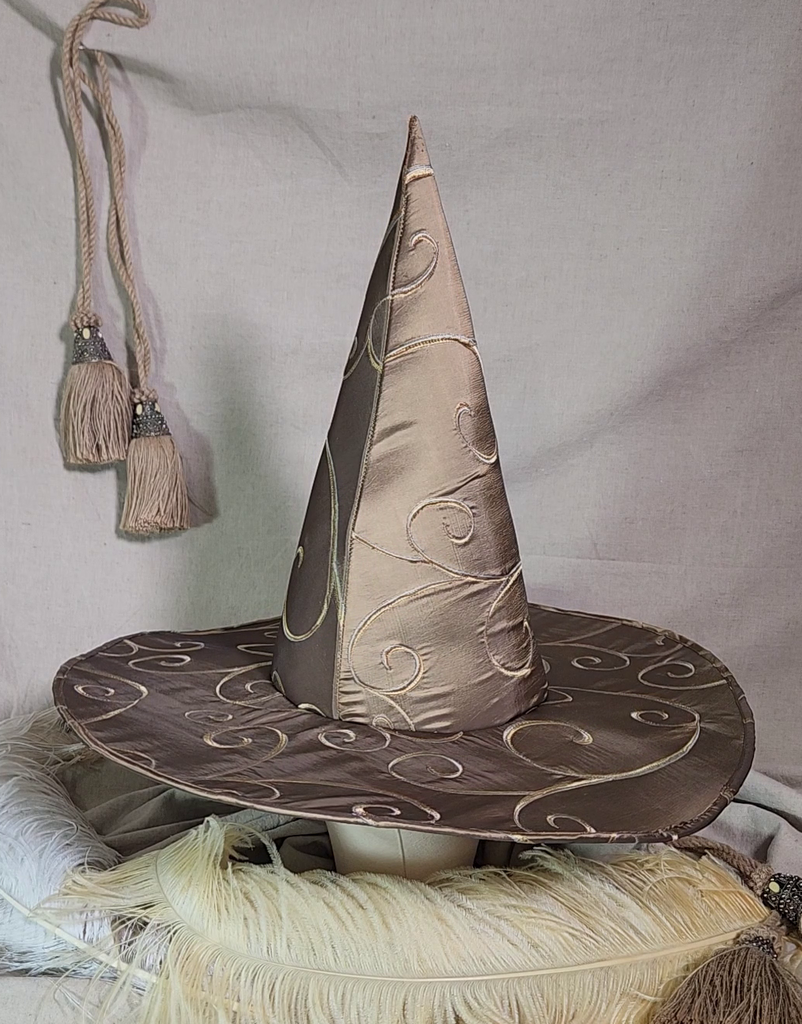 Handmade Witch Hat - Champagne Taupe with Gold Scrollwork #103